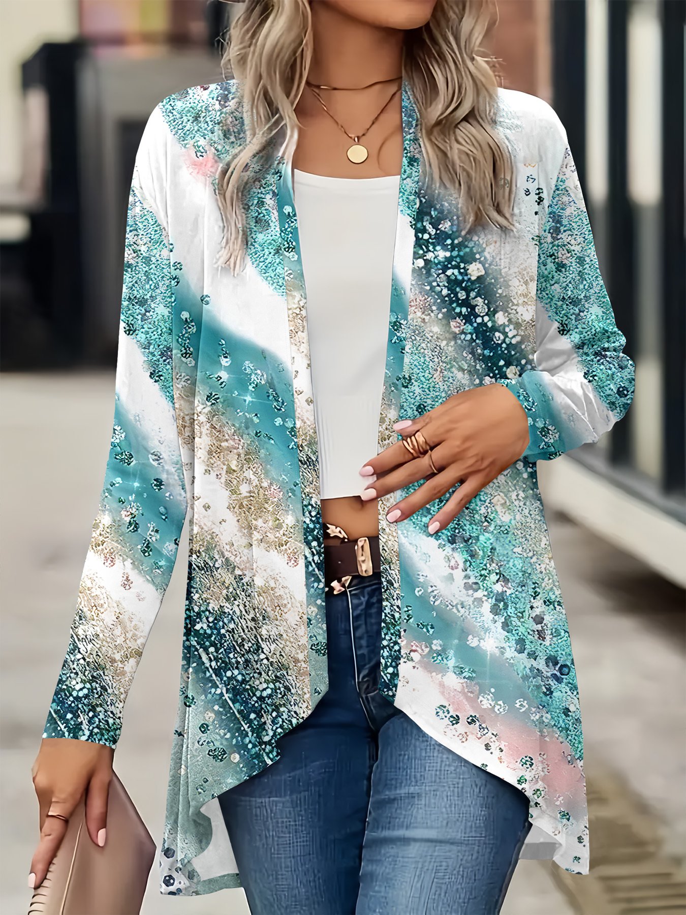 Women's Long Sleeve Cardigan Casual Fashion Printed Shawl Coat