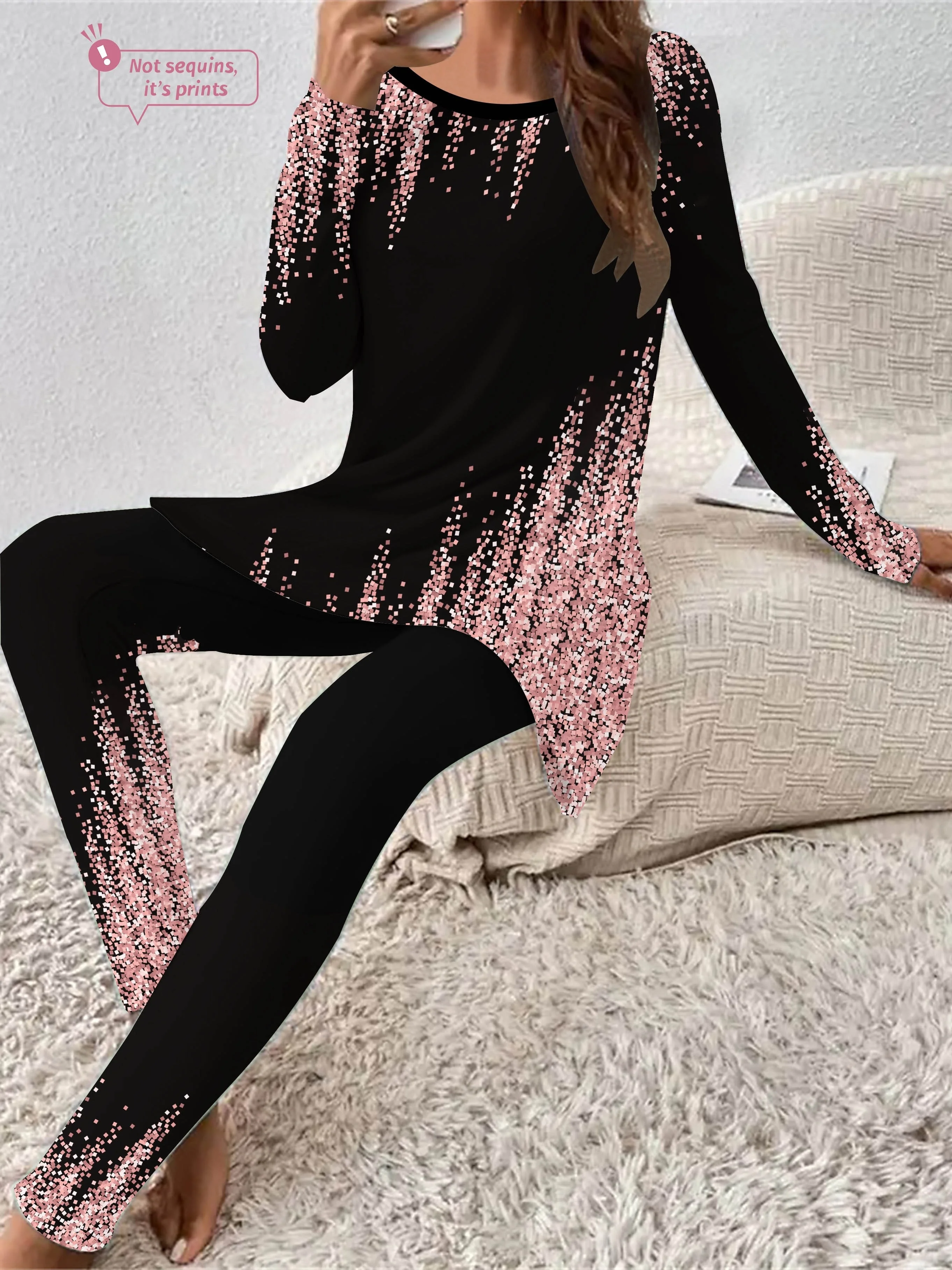 Abstract Printed Long-sleeved Crew Neck Two-piece Set