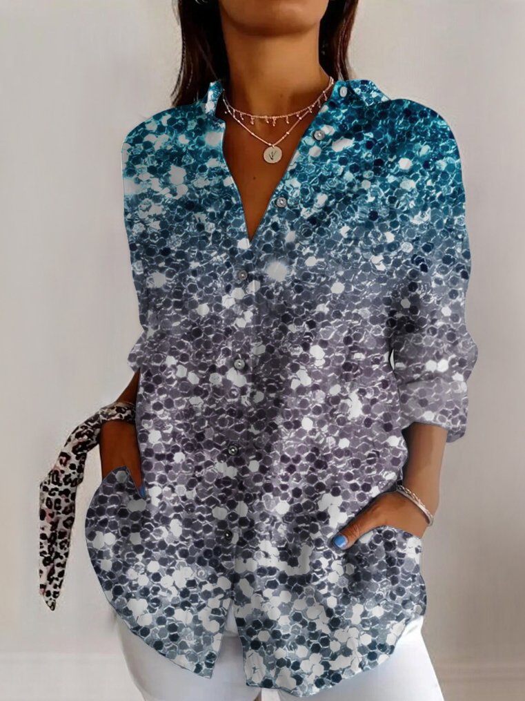 Sequin geometric gradient casual long sleeved shirt