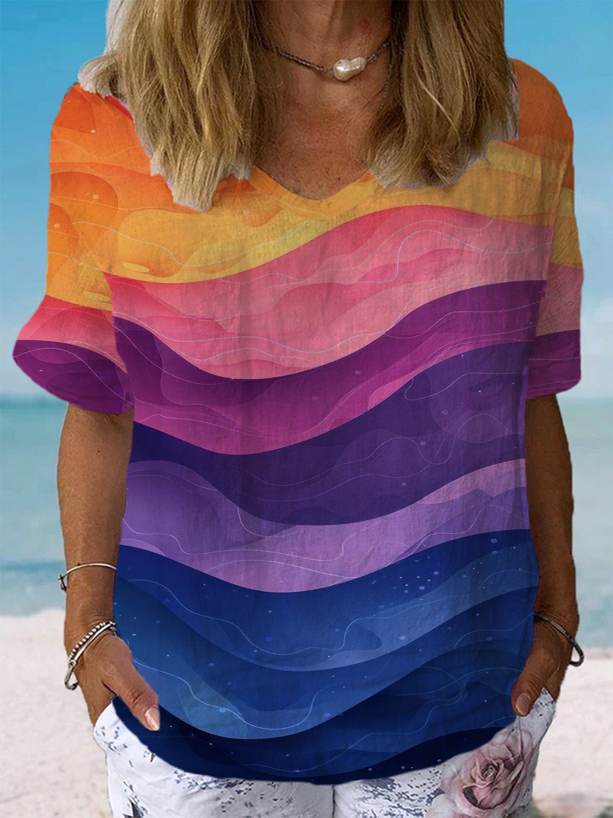 Ombre Print Short Sleeve V-Neck Blouses