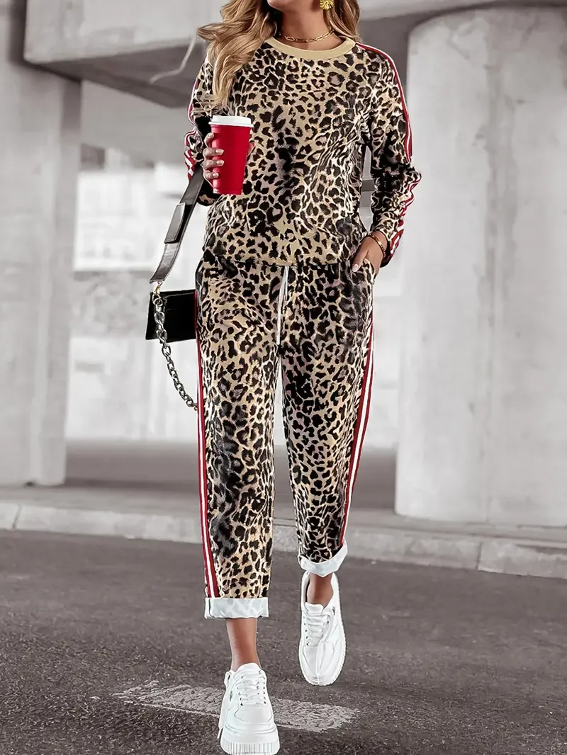 Women's Casual Leopard Print Round Neck Long Sleeve 2-Piece Set