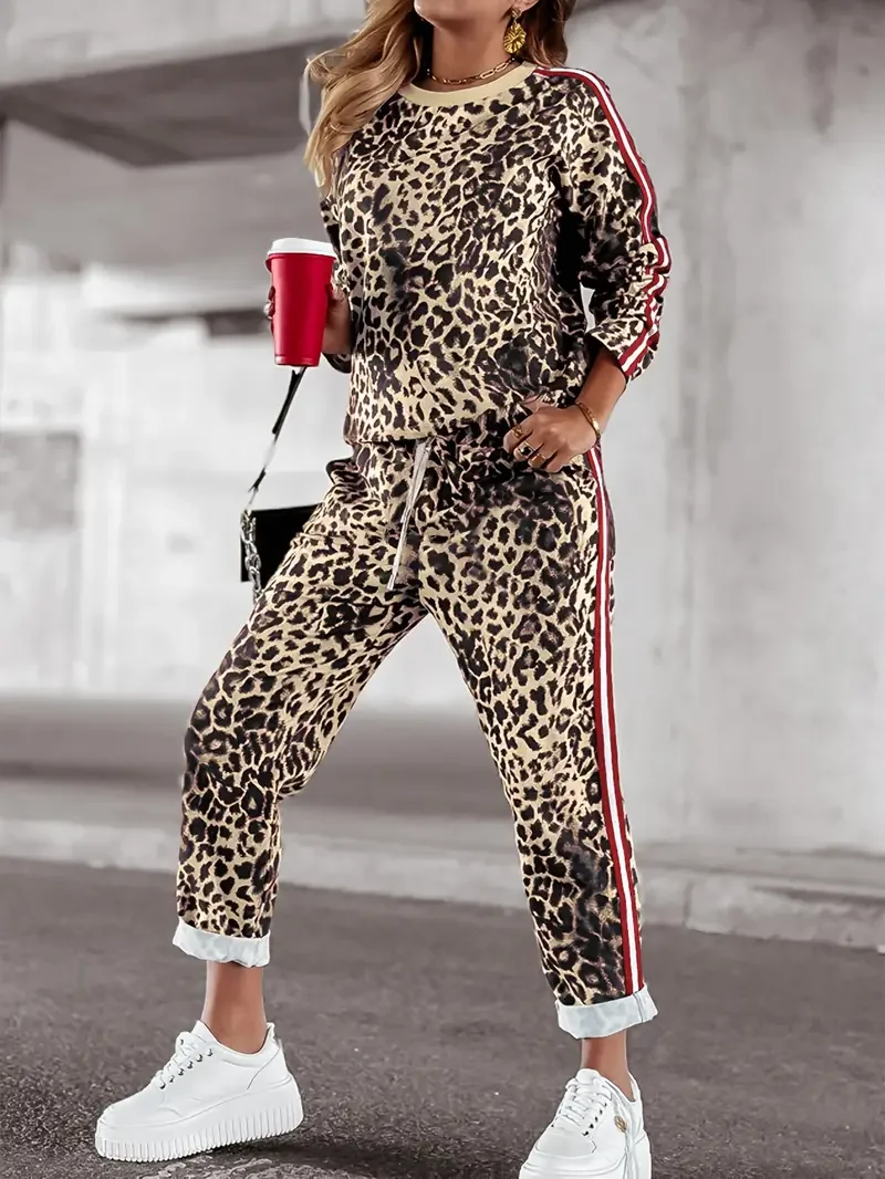 Women's Casual Leopard Print Round Neck Long Sleeve 2-Piece Set