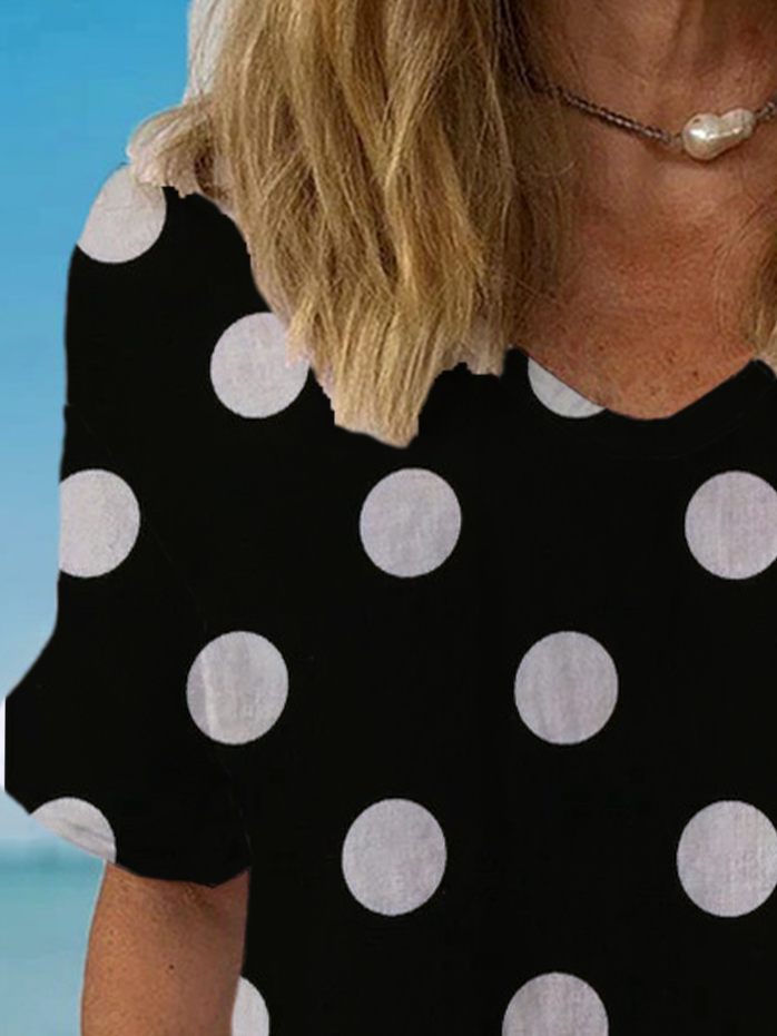 Polka Dots Print Short Sleeve V-Neck Blouses