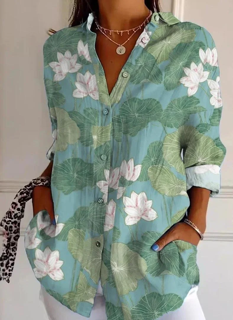 Women's Vintage Floral Print Casual Linen Cotton Shirt