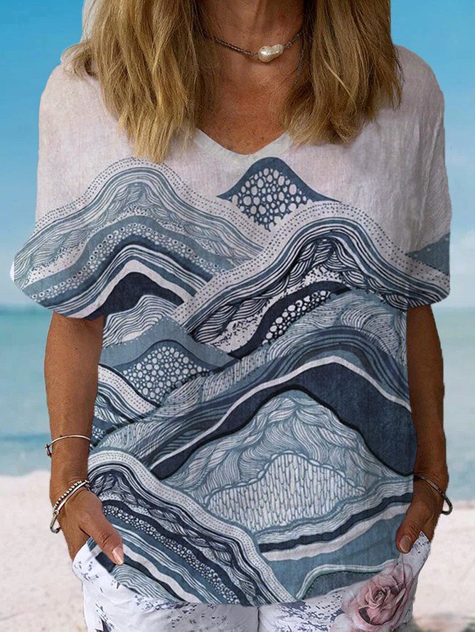 Abstract Print Short Sleeve V-Neck Blouses