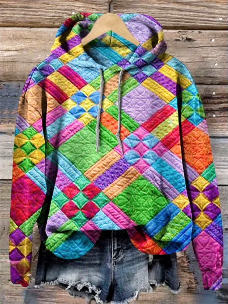 Colorful Checkered Print Casual Hoodie Sweatshirt