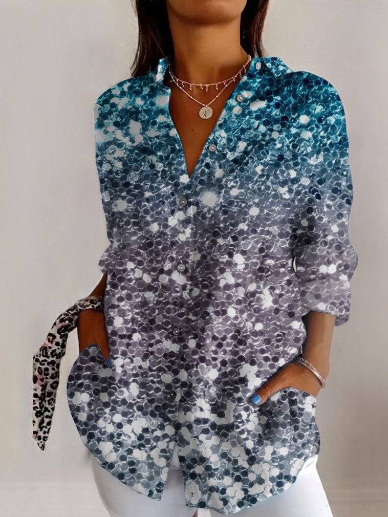 Sequin geometric gradient casual long sleeved shirt