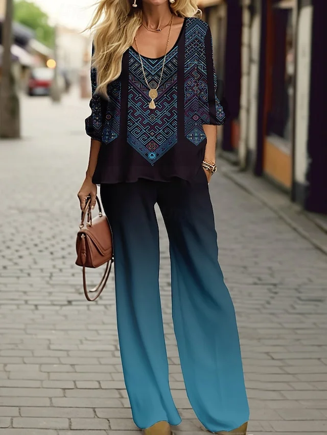 Ethnic print long-sleeved crew neck two-piece set