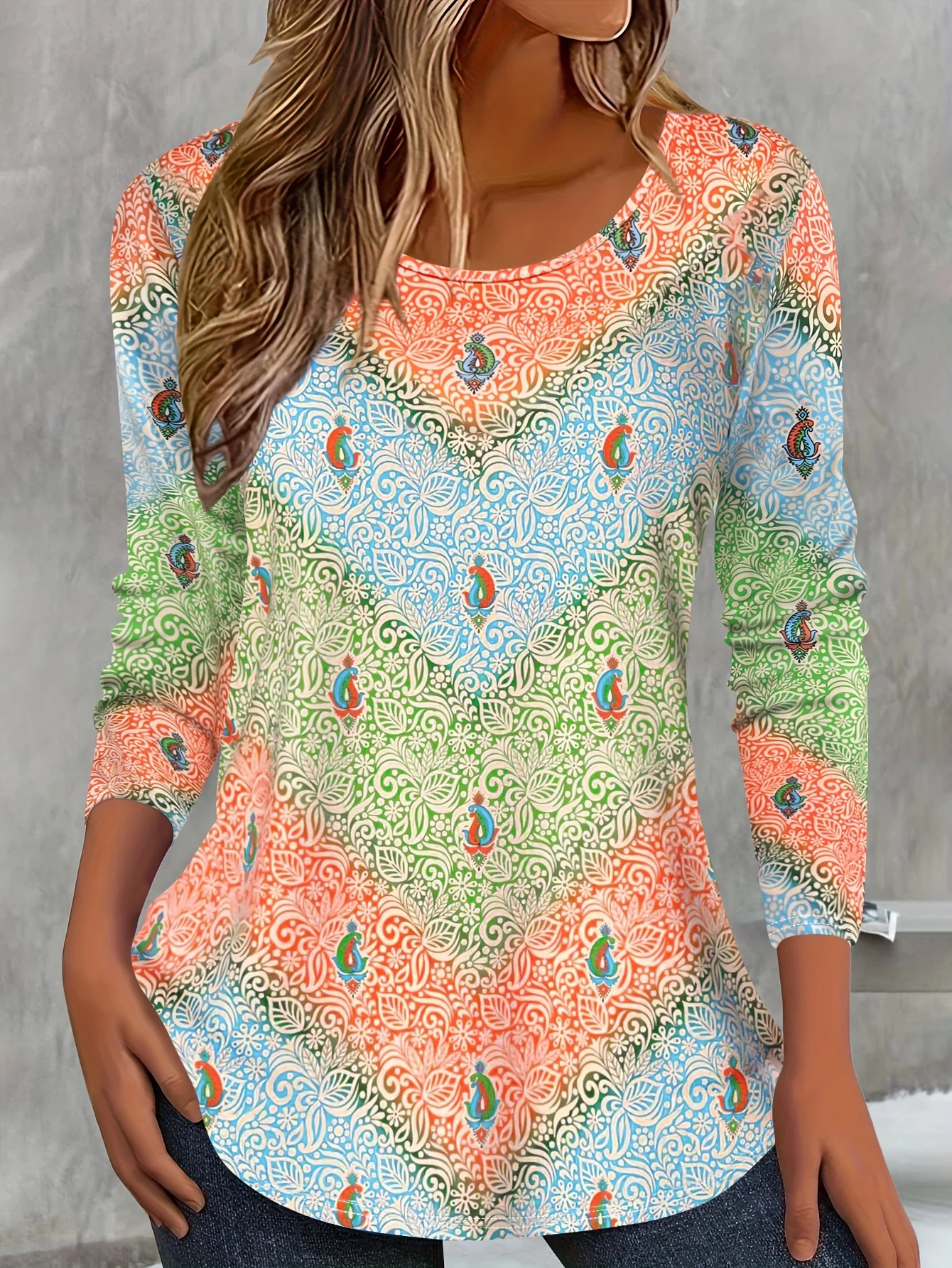 Long Sleeve Casual Paisley Print Crew Neck Tee