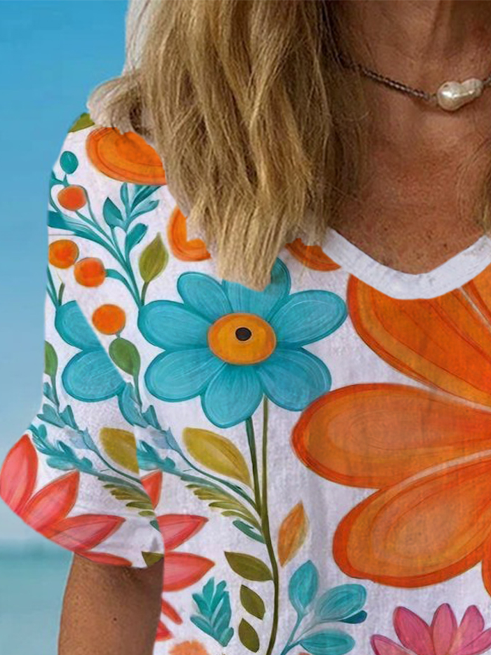 Floral Print Short Sleeve V-Neck Blouses