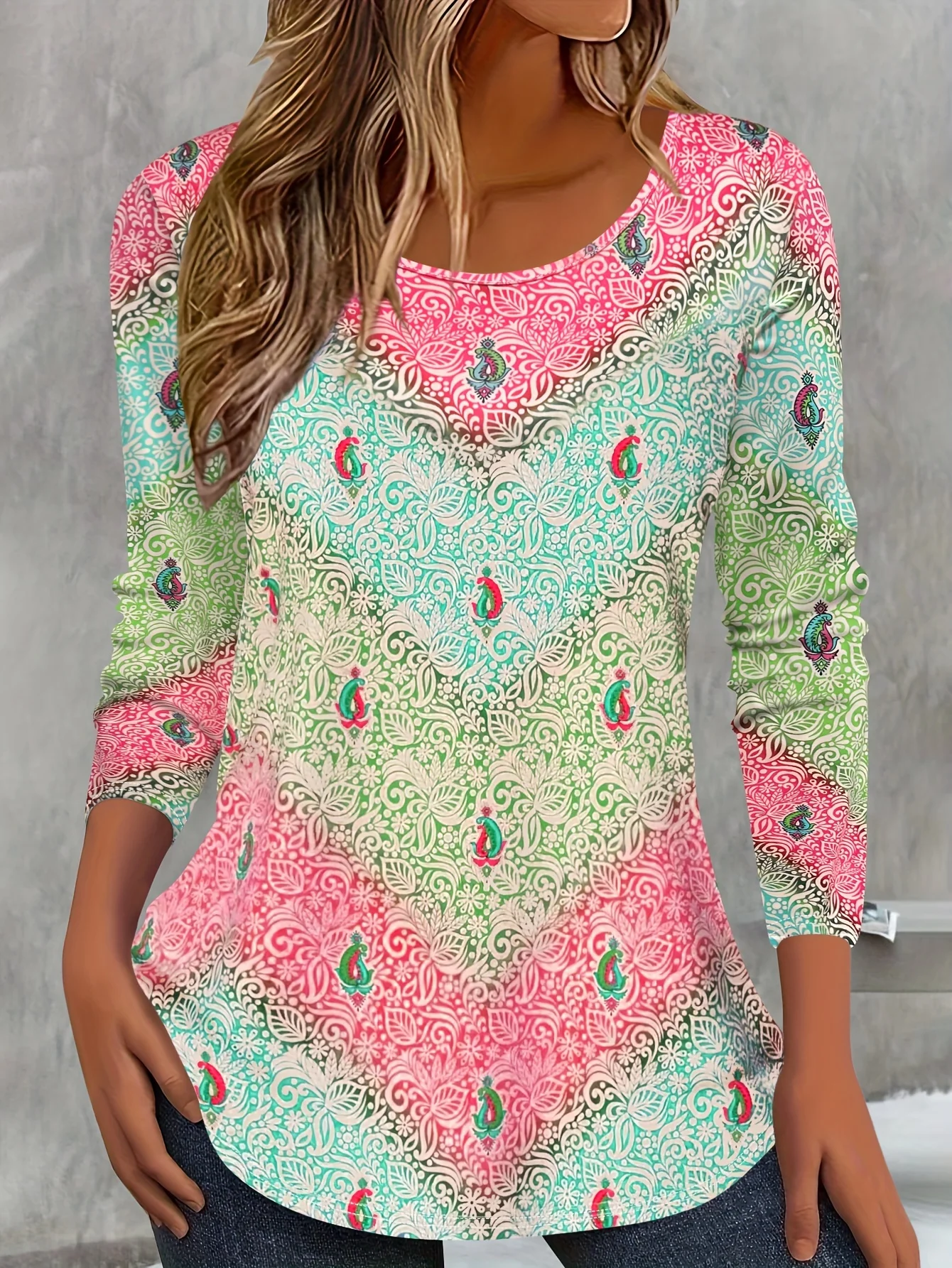 Long Sleeve Casual Paisley Print Crew Neck Tee