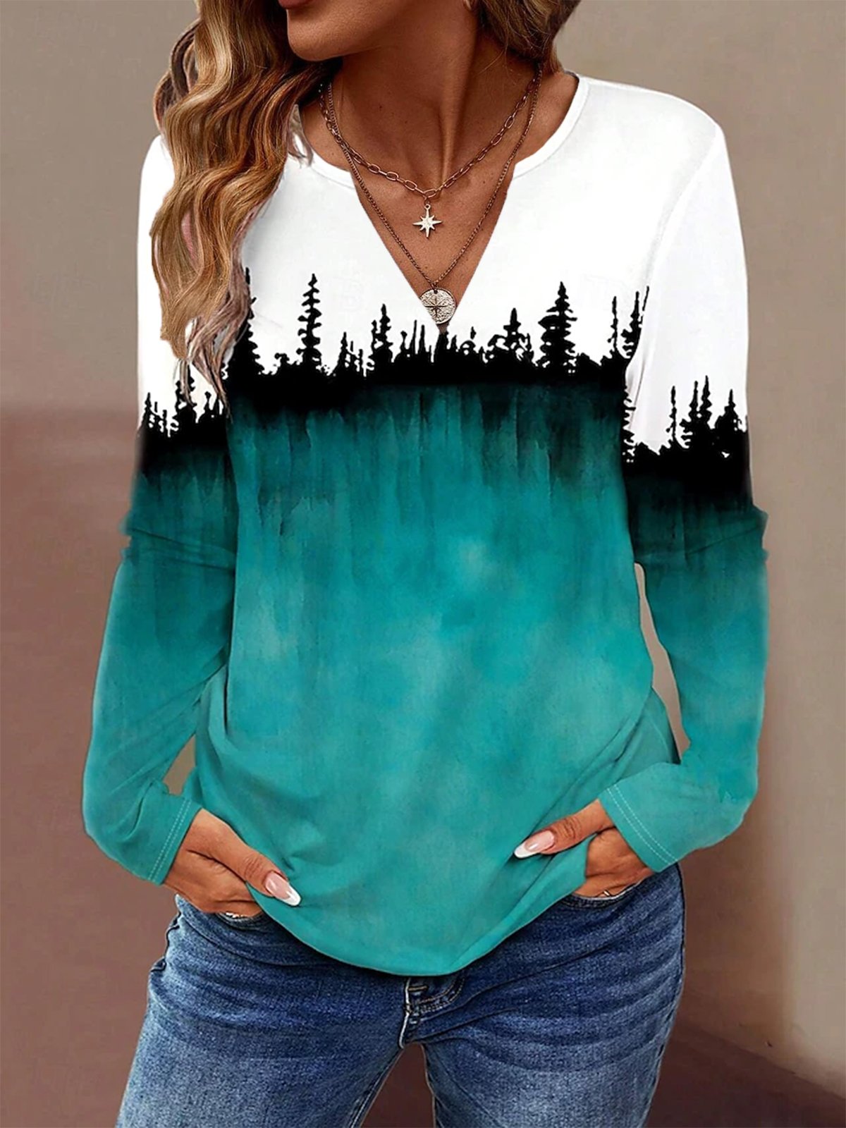 Abstract Print Long Sleeve V-Neck Blouses