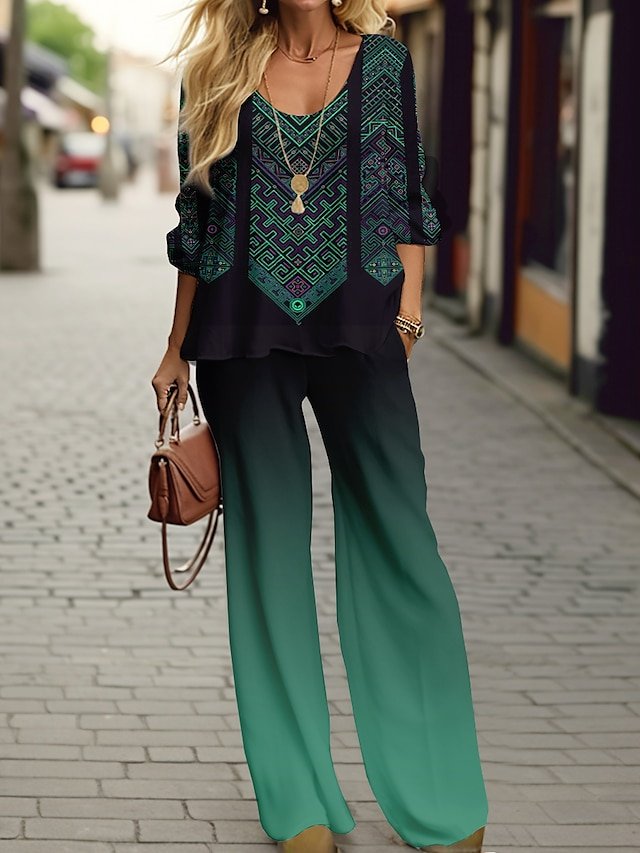 Ethnic print long-sleeved crew neck two-piece set