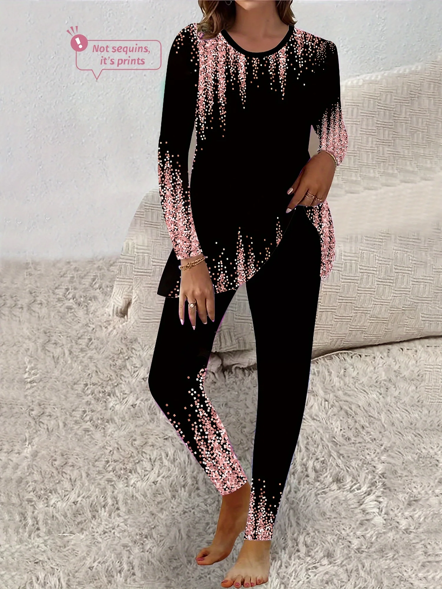 Abstract Printed Long-sleeved Crew Neck Two-piece Set