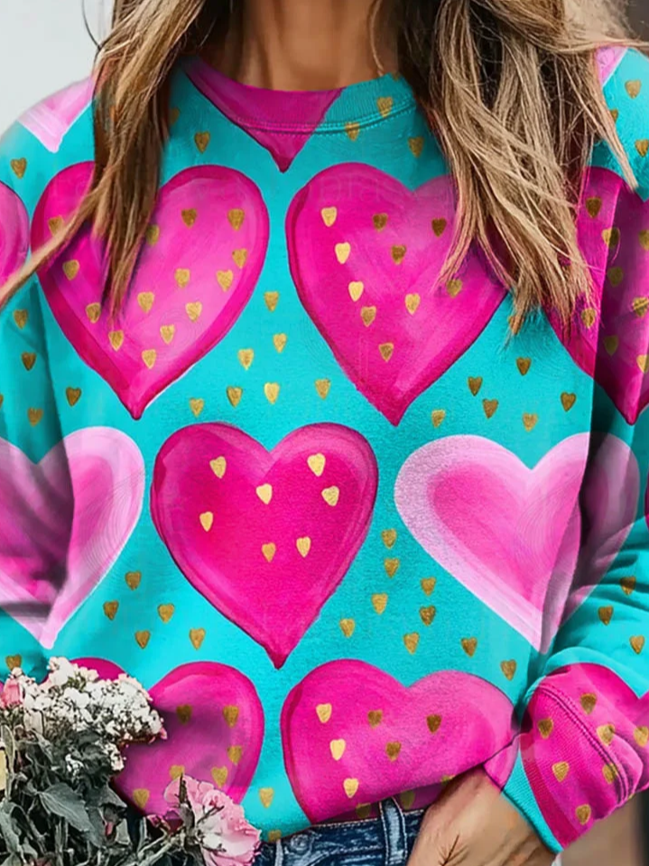 Valentine's Day Love Heart Print Casual Crew Neck Sweatshirt