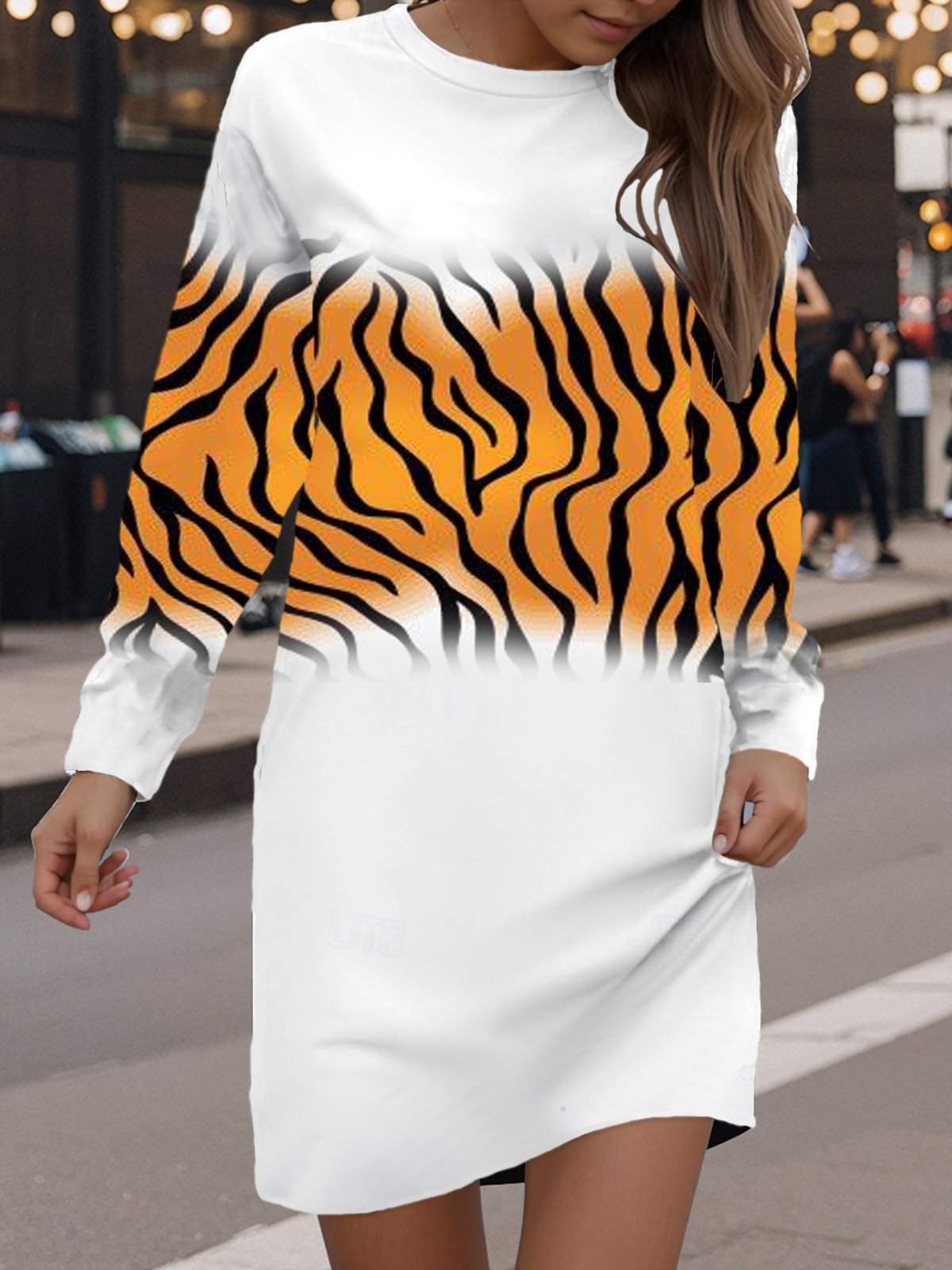 Zebra Print Long Sleeve Crew Neck Dress