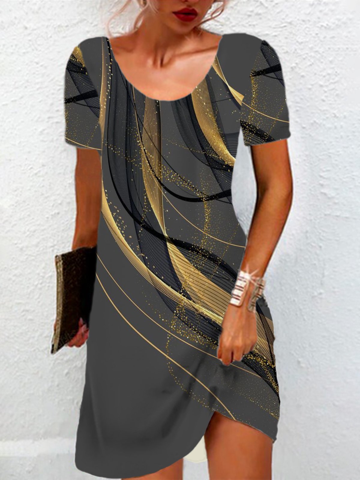 Abstract Print Short Sleeve Crew Neck Dress