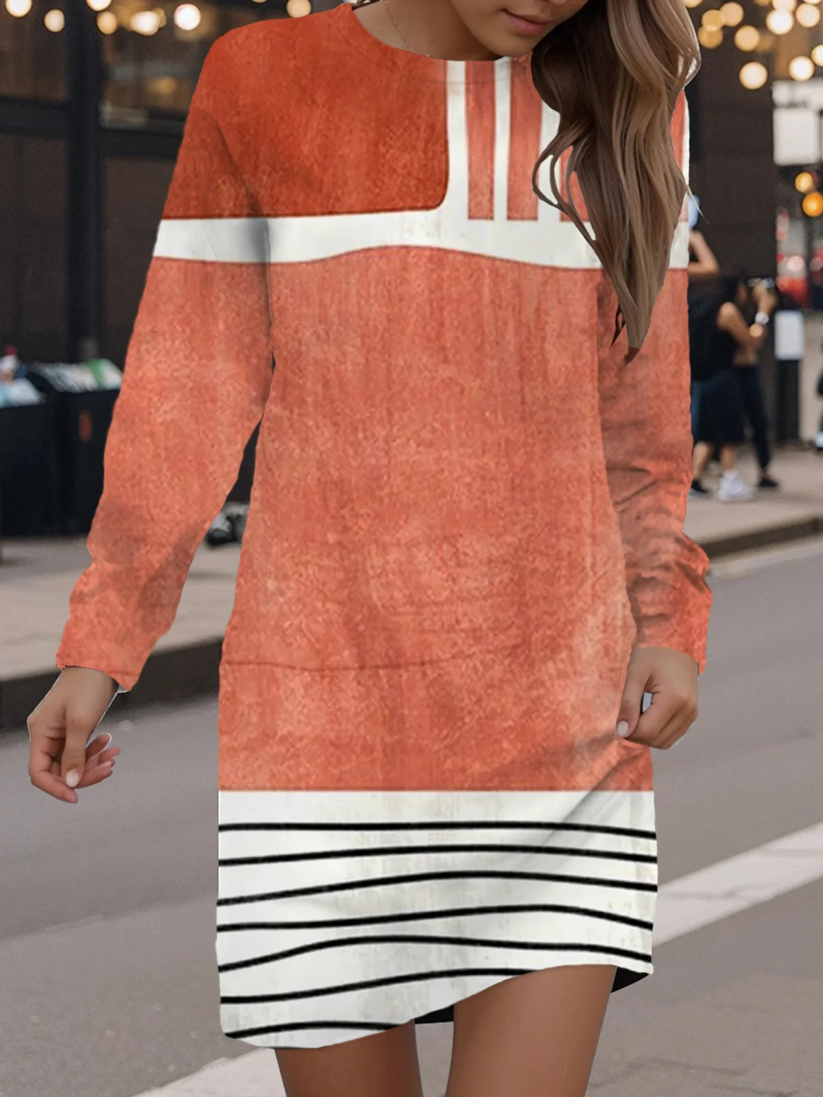 Geometric Print Long Sleeve Crew Neck Dress