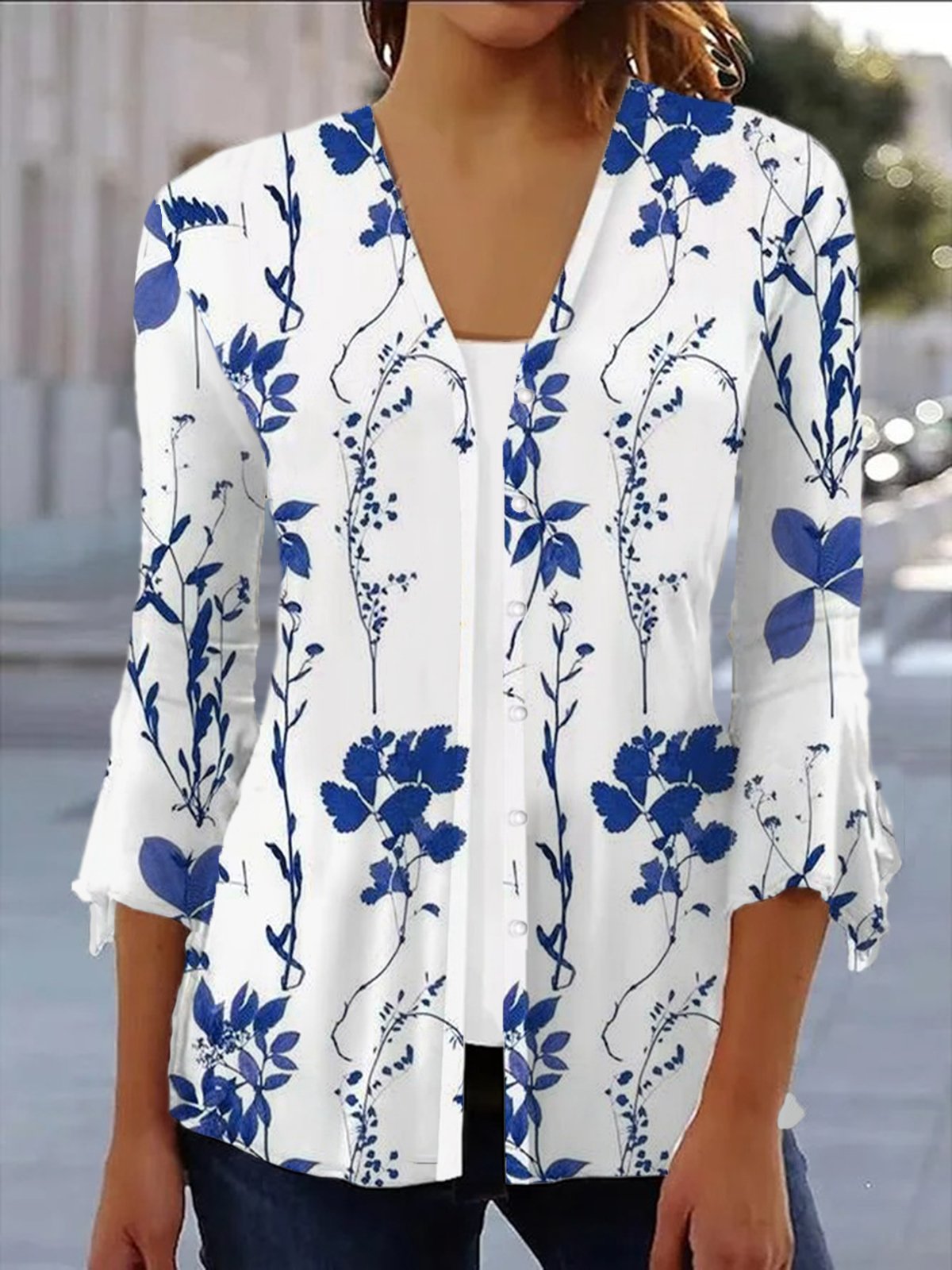 Floral Print Long Sleeve Shawl Jacket