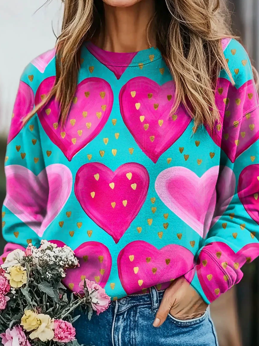 Valentine's Day Love Heart Print Casual Crew Neck Sweatshirt