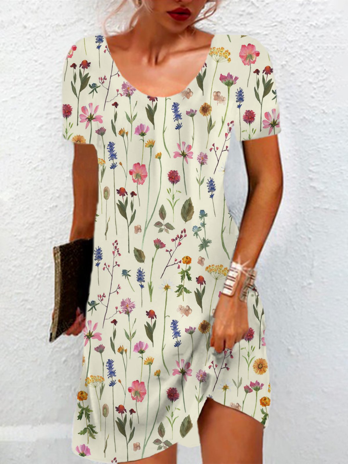 Floral Print Short Sleeve Crew Neck Dress