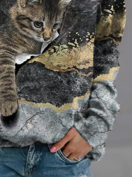 Cat Print Crew Neck Sweatshirt