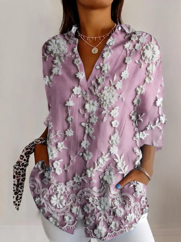 Lace floral art long sleeved shirt