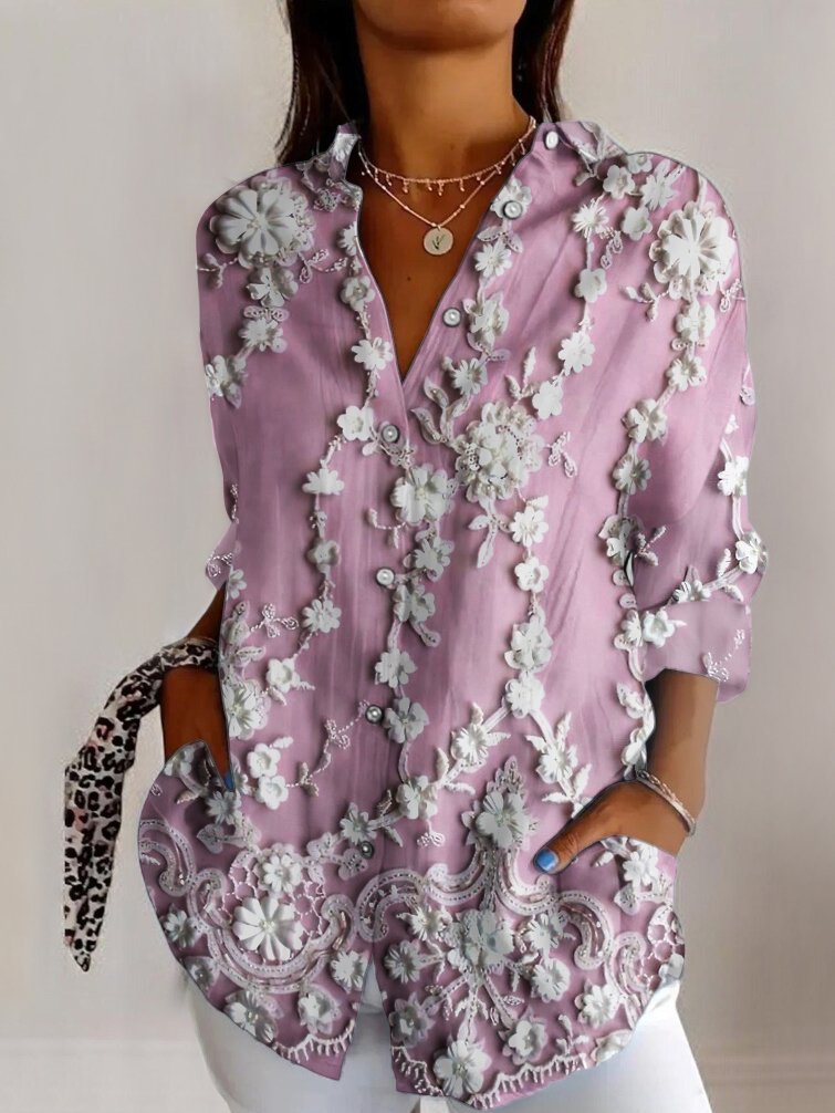 Lace floral art long sleeved shirt