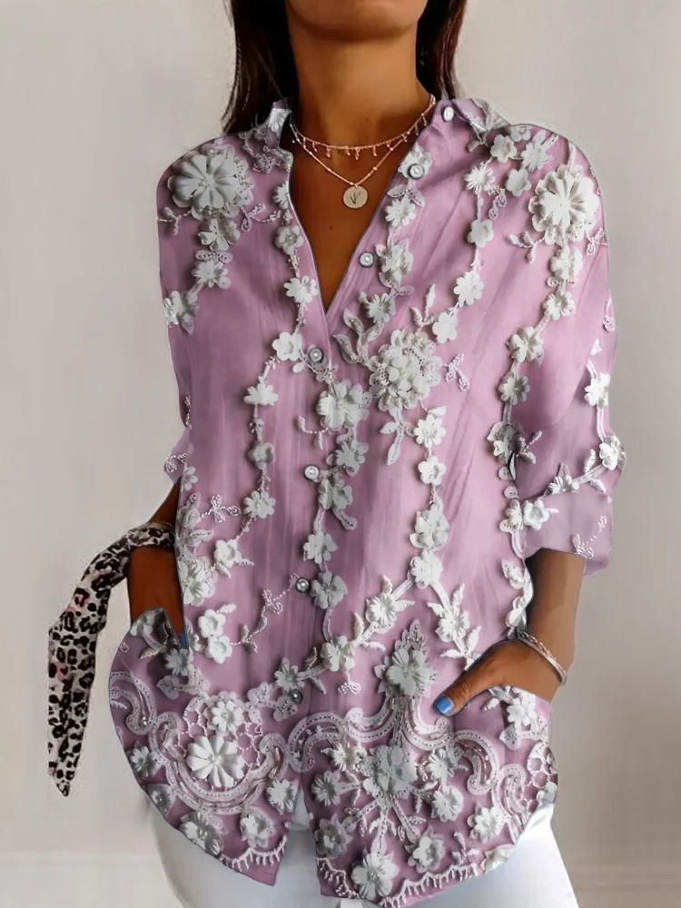 Lace floral art long sleeved shirt