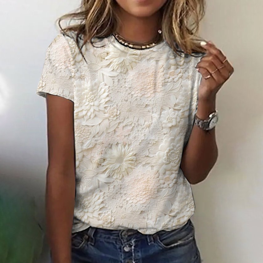 Retro lace floral short sleeved T-shirt