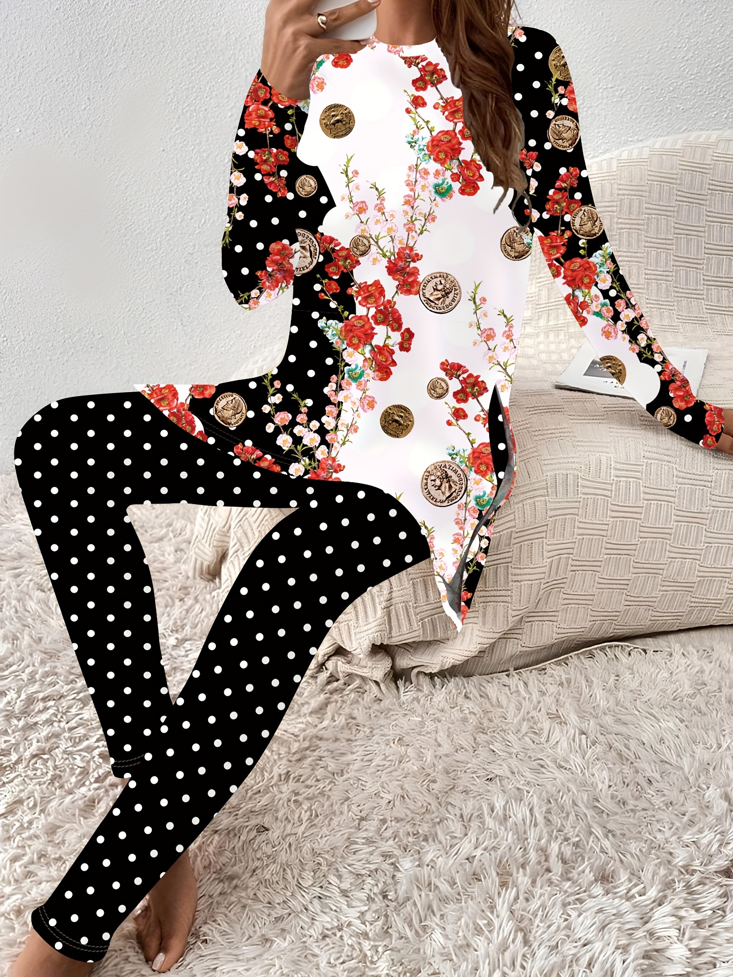 Floral Print Long Sleeve Crew Neck Two Piece Set