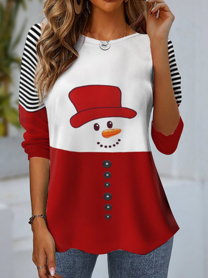 Women's Long Sleeve T-shirt Spring/Fall Red Striped Jersey Crew Neck Daily Going Out Casual Top