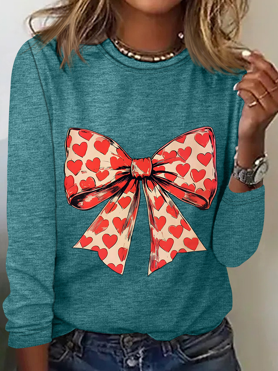 Valentine's Day Heart Coquette Bow Casual Long Sleeve Shirt