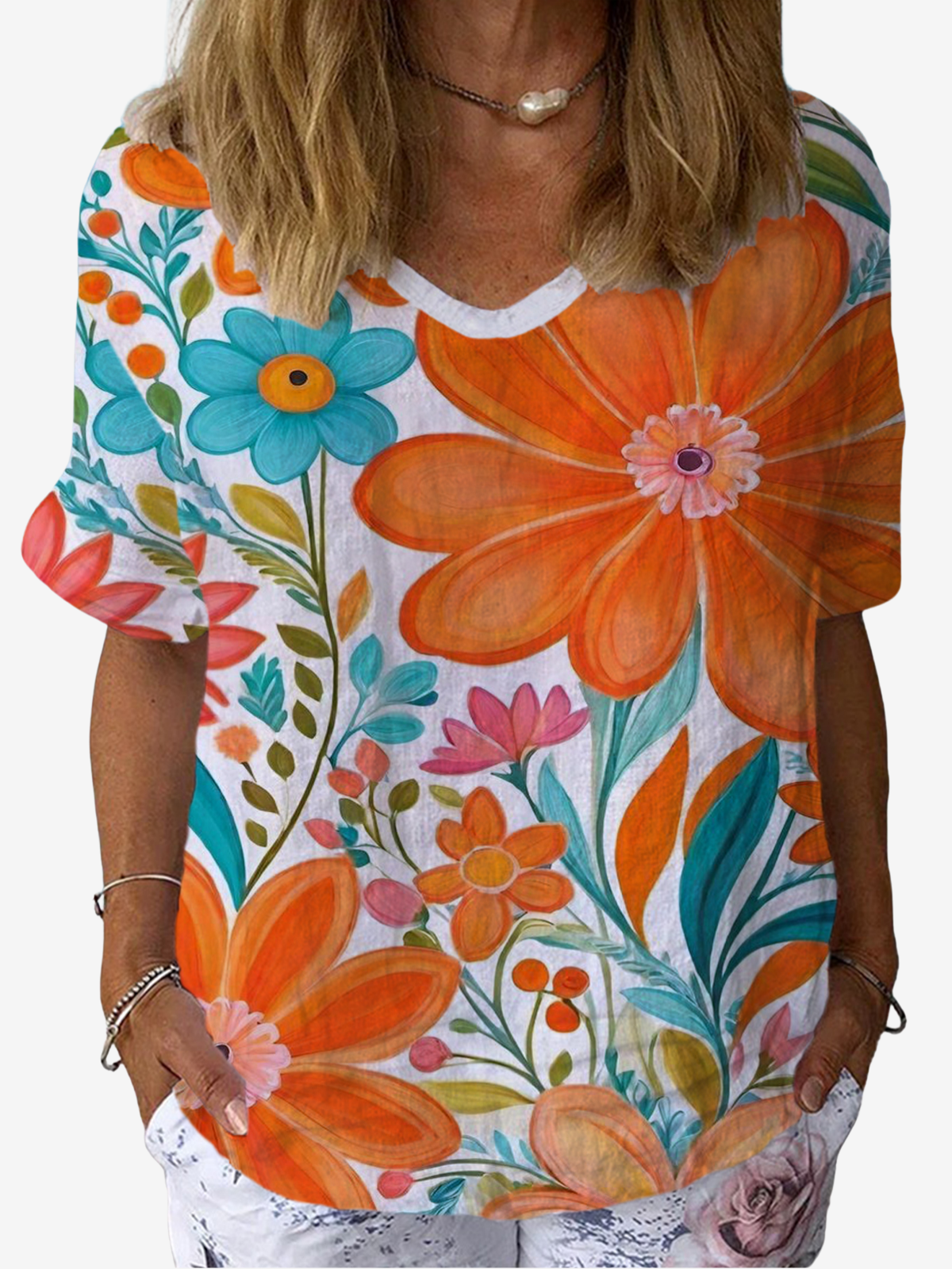 Floral Print Short Sleeve V-Neck Blouses