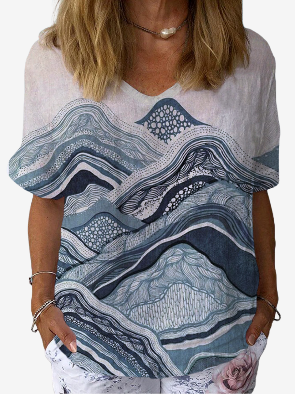 Abstract Print Short Sleeve V-Neck Blouses