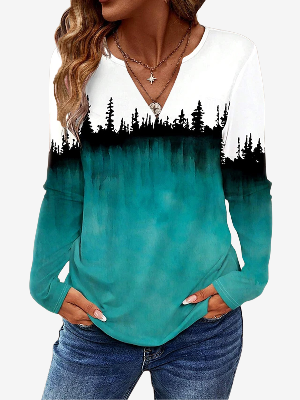 Abstract Print Long Sleeve V-Neck Blouses