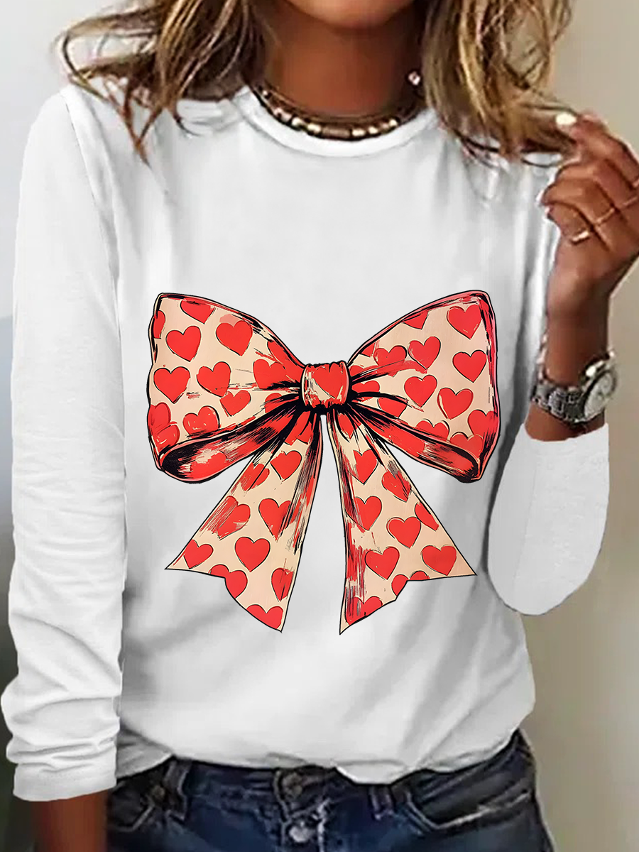 Valentine's Day Heart Coquette Bow Casual Long Sleeve Shirt