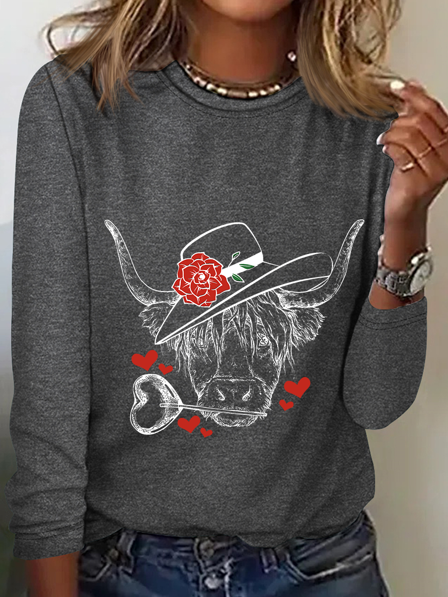 Highland Cow Valentines Day Casual Long Sleeve Shirt