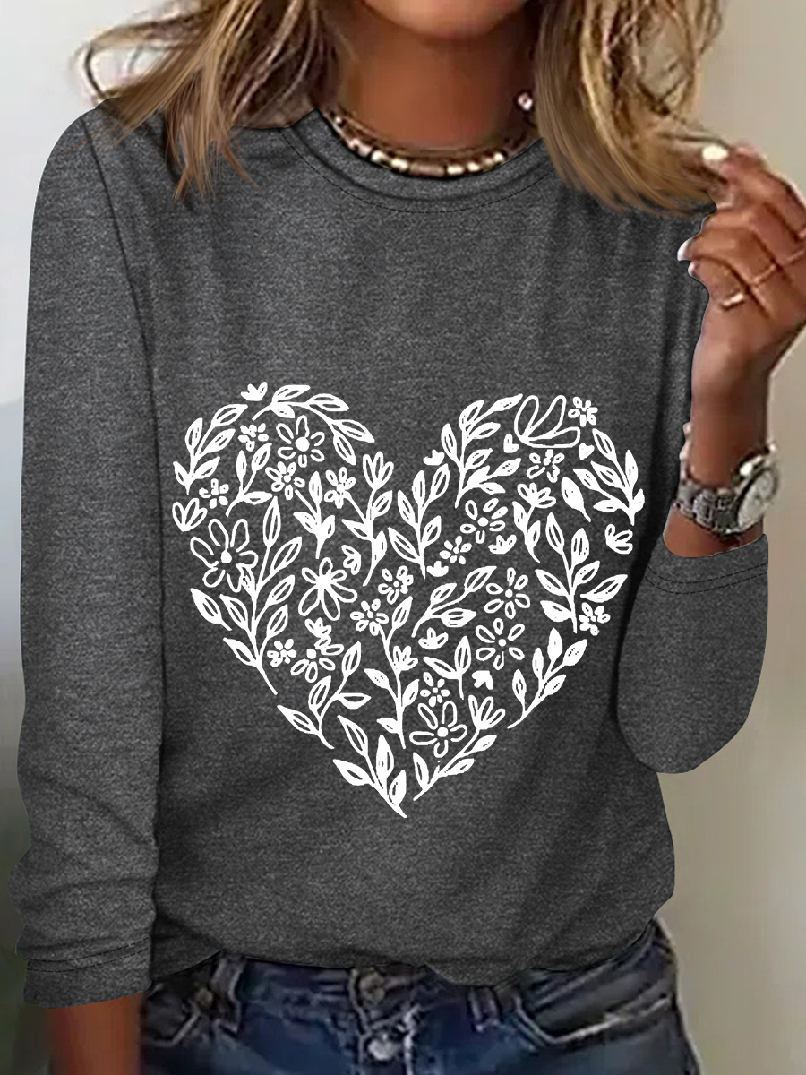 Valentine's Day Floral Heart Casual Long Sleeve Shirt