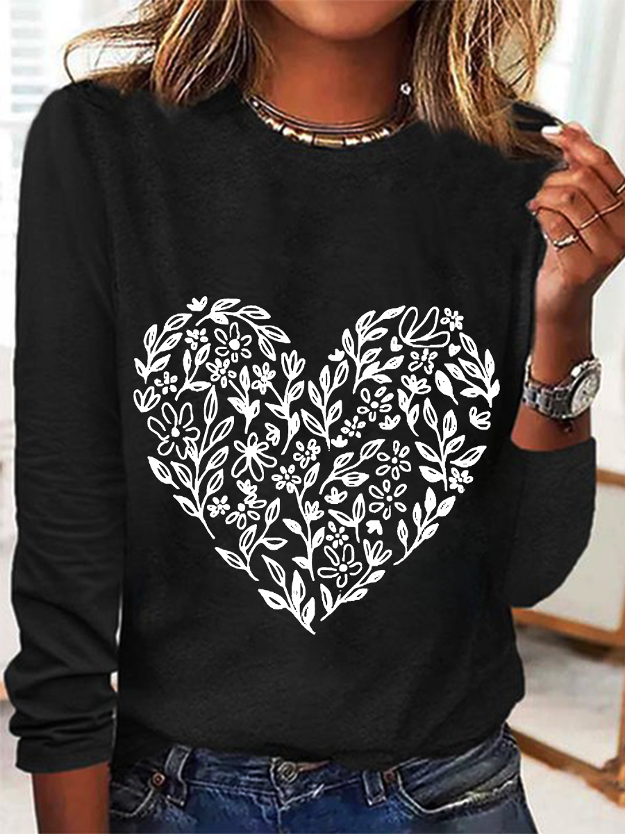 Valentine's Day Floral Heart Casual Long Sleeve Shirt