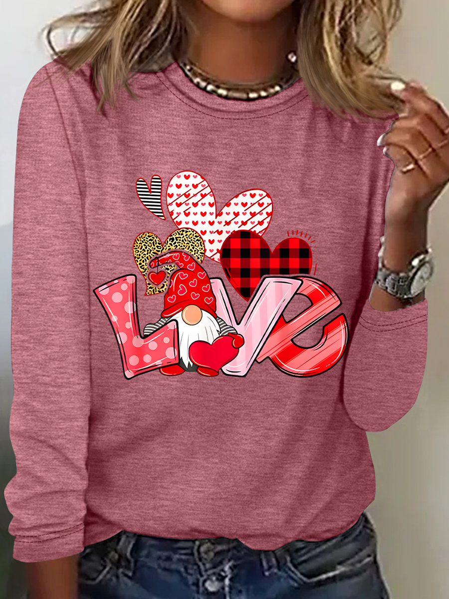 Valentine's Day Gnome Print Casual Long Sleeve Shirt