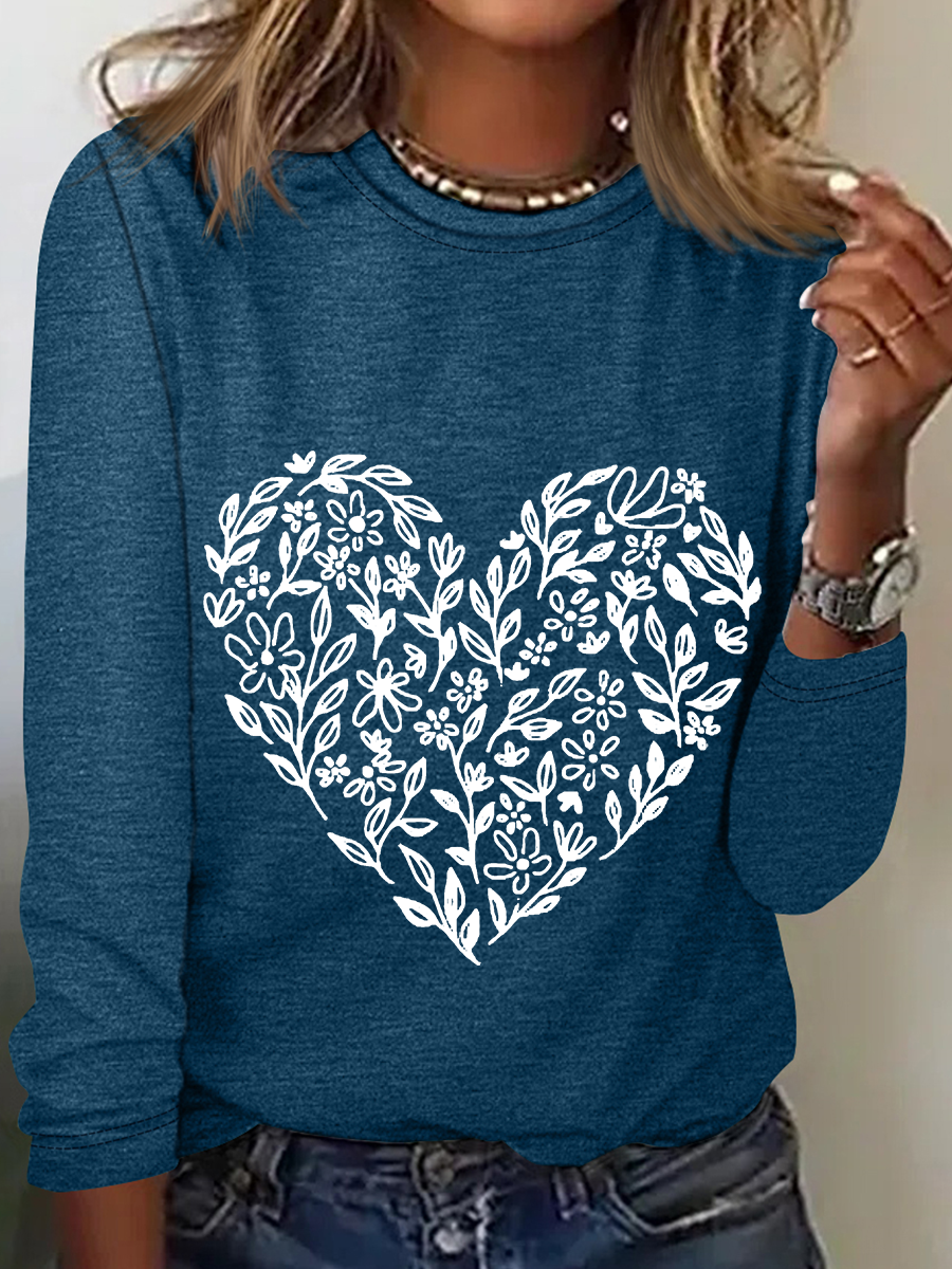 Valentine's Day Floral Heart Casual Long Sleeve Shirt