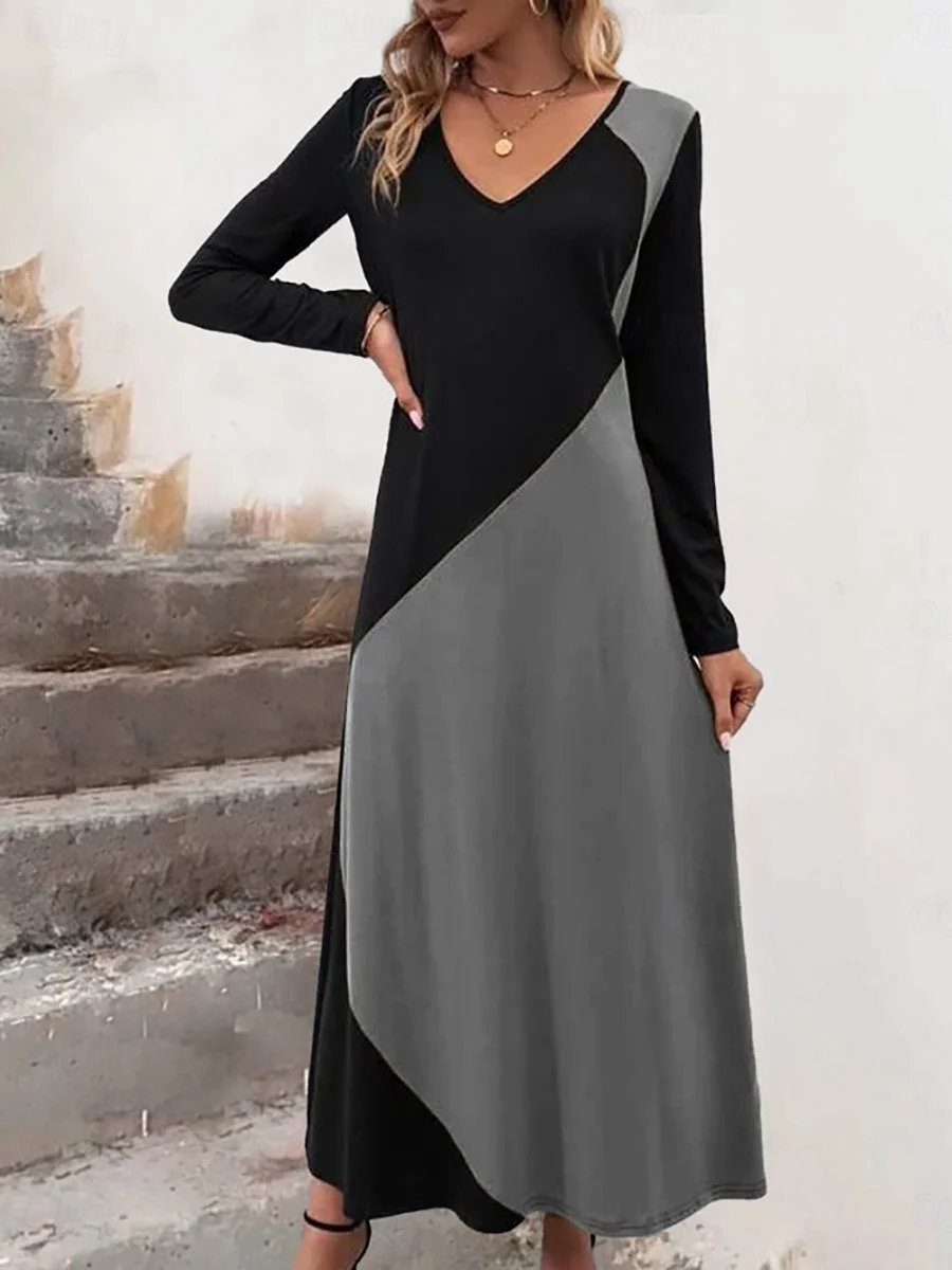 Casual Elegant Contrast Color Long Sleeve Dress