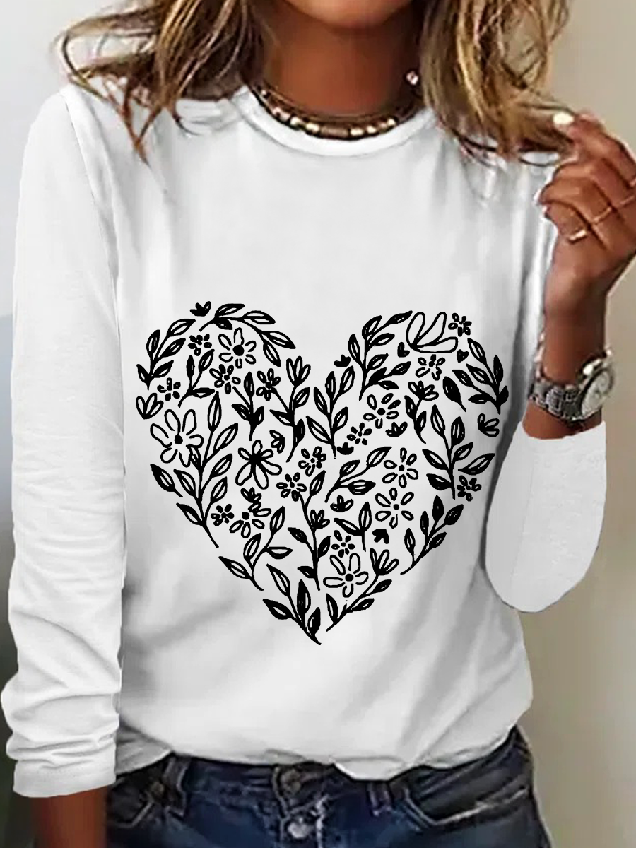 Valentine's Day Floral Heart Casual Long Sleeve Shirt