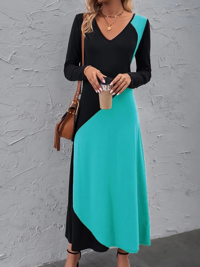 Casual Elegant Contrast Color Long Sleeve Dress