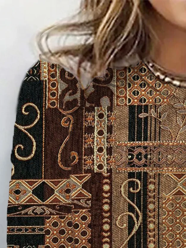 Ethnic Print Long Sleeve Crew Neck T-shirt