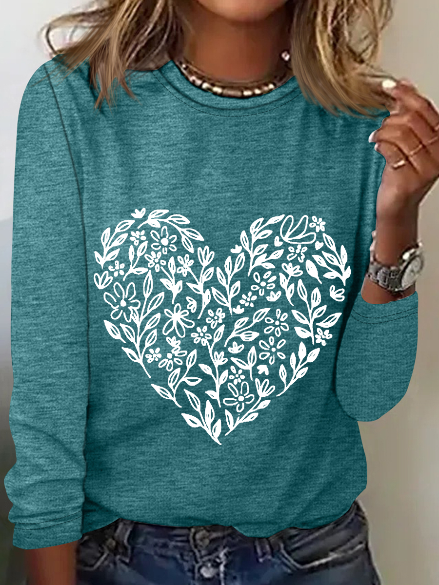 Valentine's Day Floral Heart Casual Long Sleeve Shirt