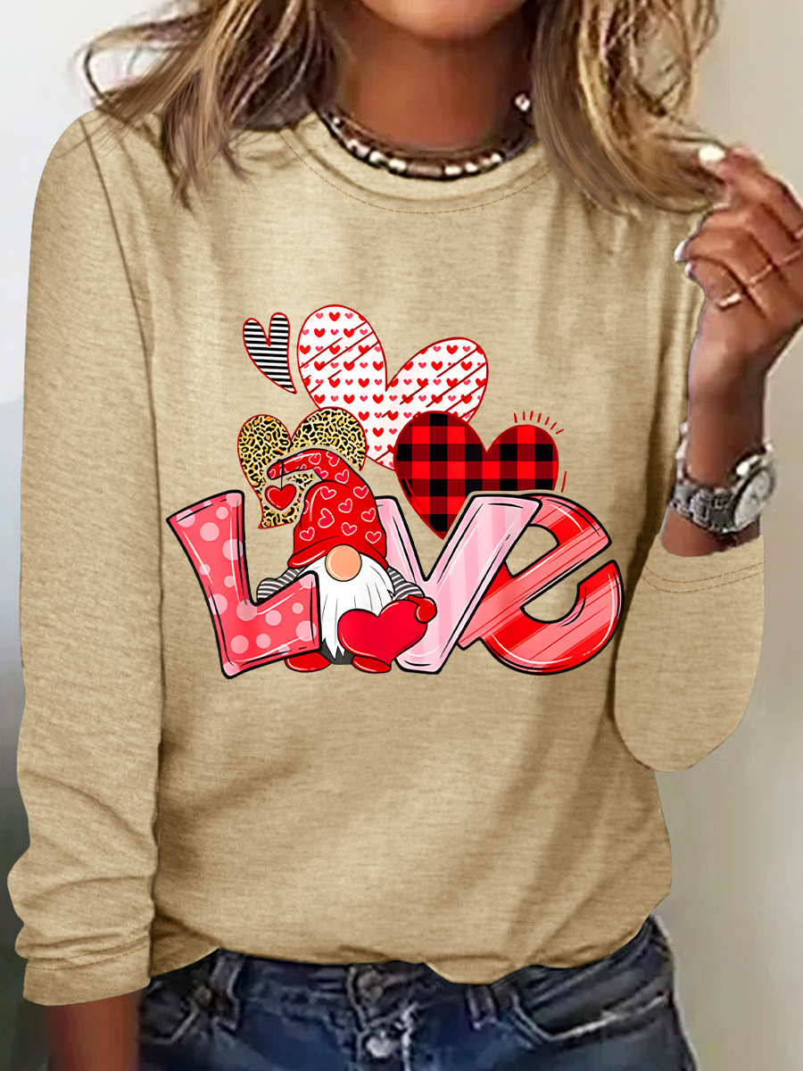 Valentine's Day Gnome Print Casual Long Sleeve Shirt