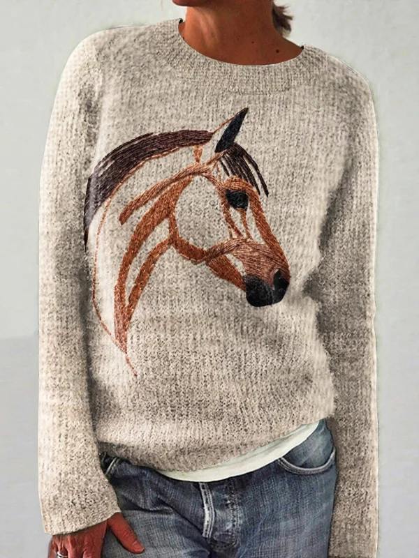 Embroidered horse head round neck knitted sweater