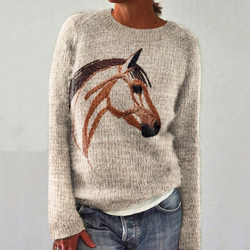 Embroidered horse head round neck knitted sweater